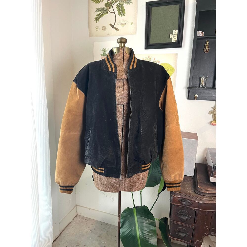 Avalanche Mens Large Leather Varsity Bomber Jacket Black Tan Grunge Western Y2K